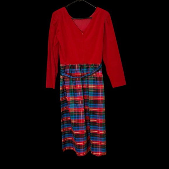 Vtg 80s Lanz Red Velvet Tartan Plaid Taffeta Holiday Formal Party Gown Dress 10 - Picture 5 of 14